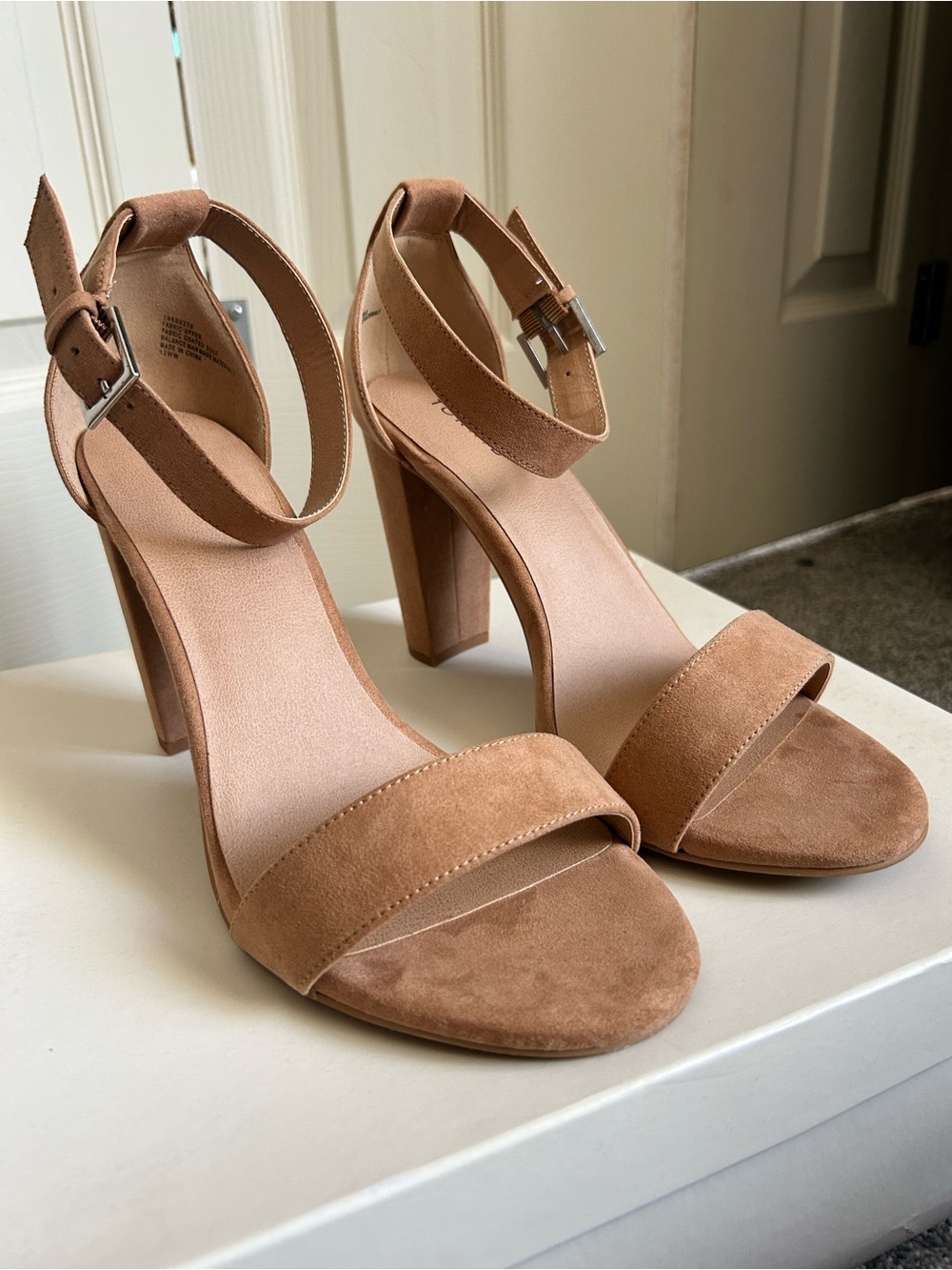Torrid Suede Ankle-Strap Block Heels in Tan